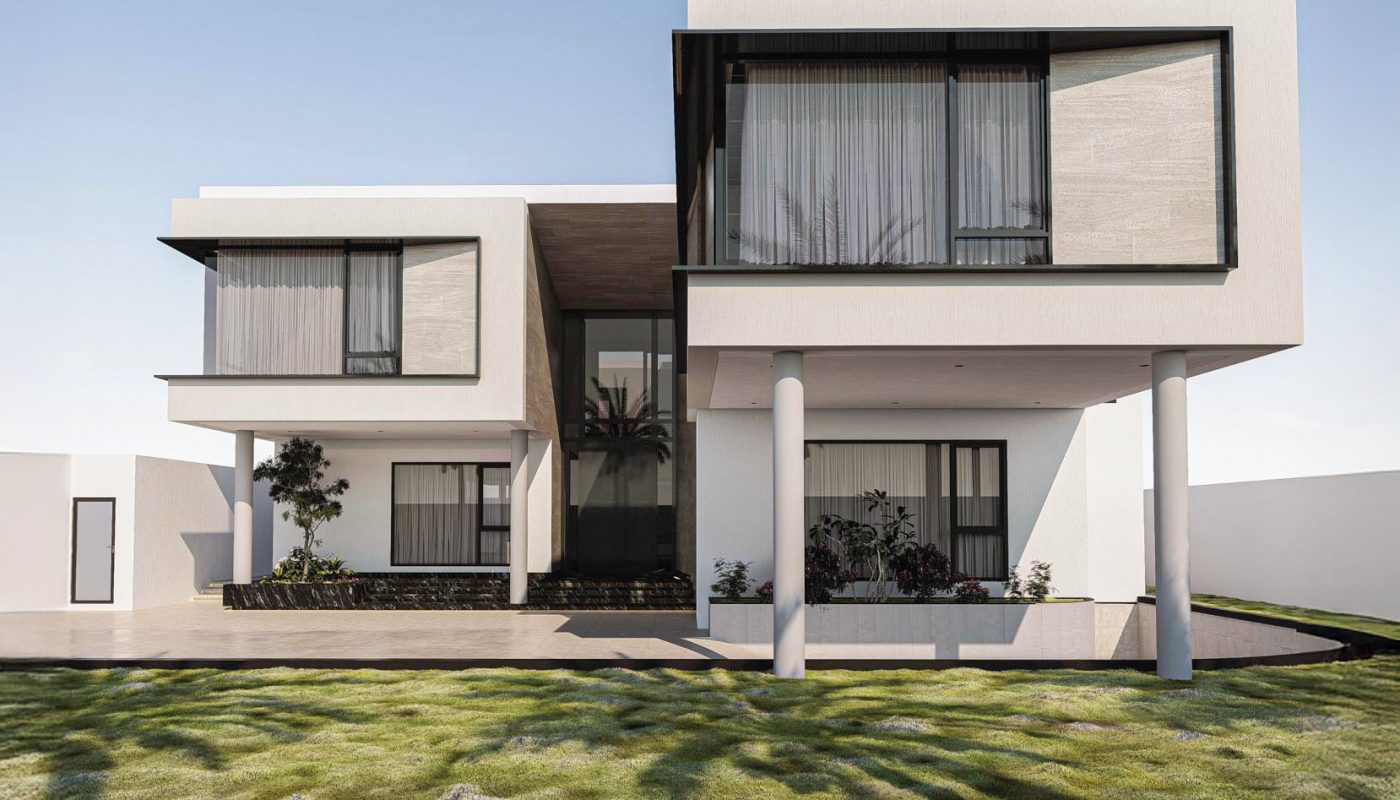 Modern two-story house with large windows, white exterior, and a cantilevered upper floor, set on a grassy lawn under a clear blue sky.