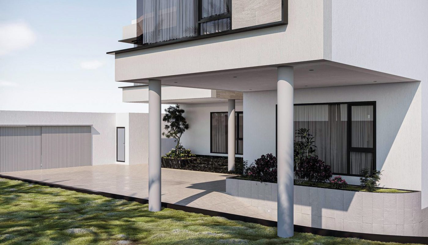 Modern two-story white house with large windows, a covered entrance supported by columns, and a grassy front yard; detached garage visible in the background.
