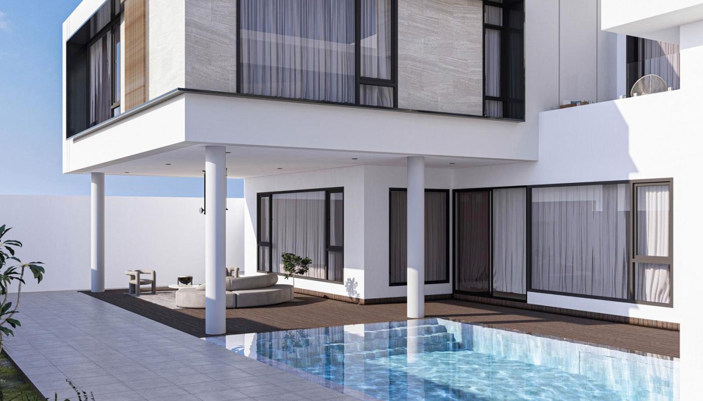 Modern white two-story house with large windows, a covered patio area, and a rectangular swimming pool beside a tiled outdoor space.