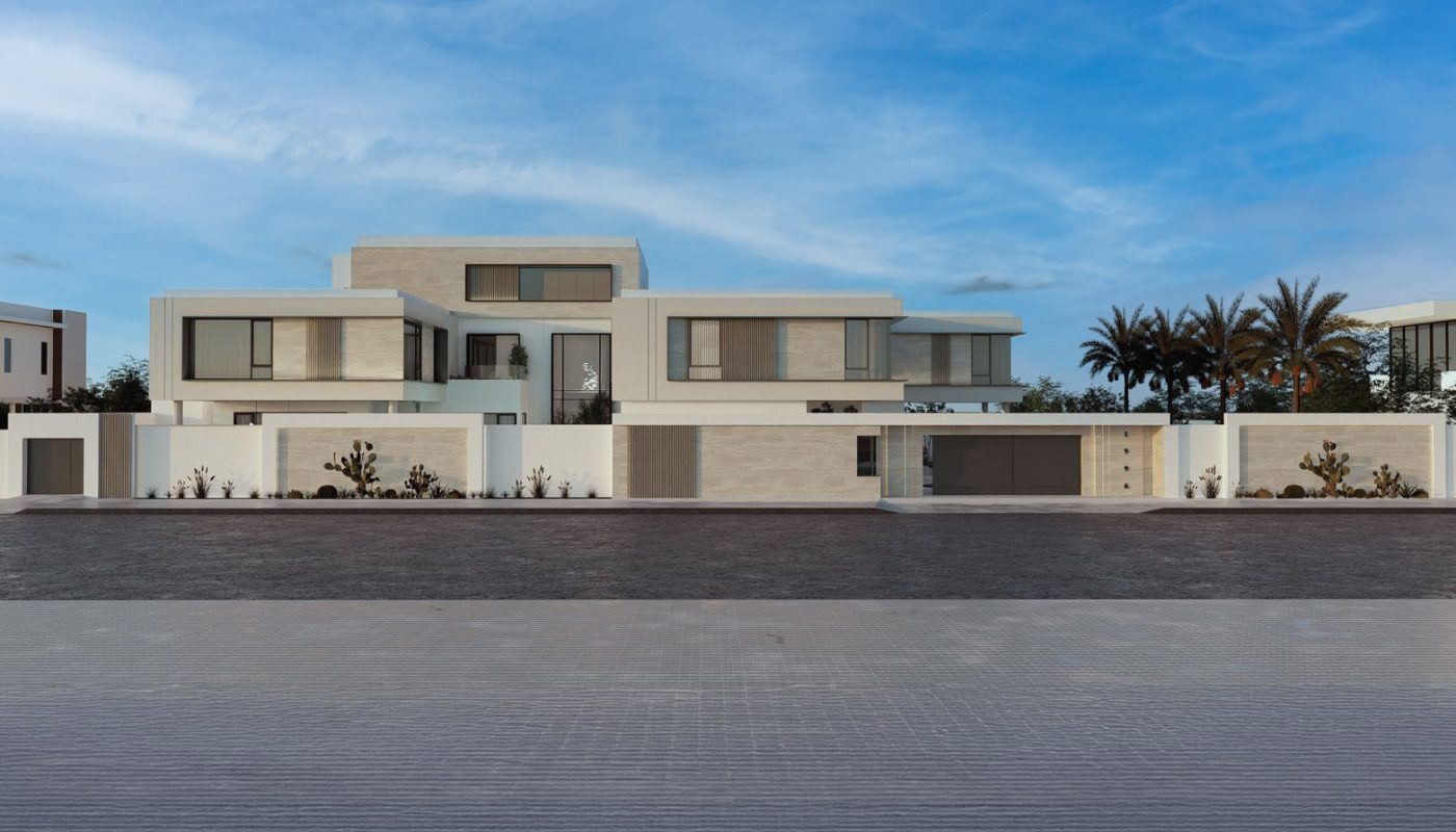 Modern two-story house with flat roof, large windows, and a white exterior, surrounded by a low wall and a driveway, under a blue sky with scattered clouds.
