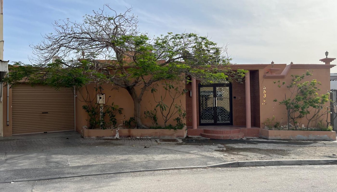 Single-story house with a flat roof, beige walls, a black wrought iron front door, two trees in front, and a closed garage door on the left.