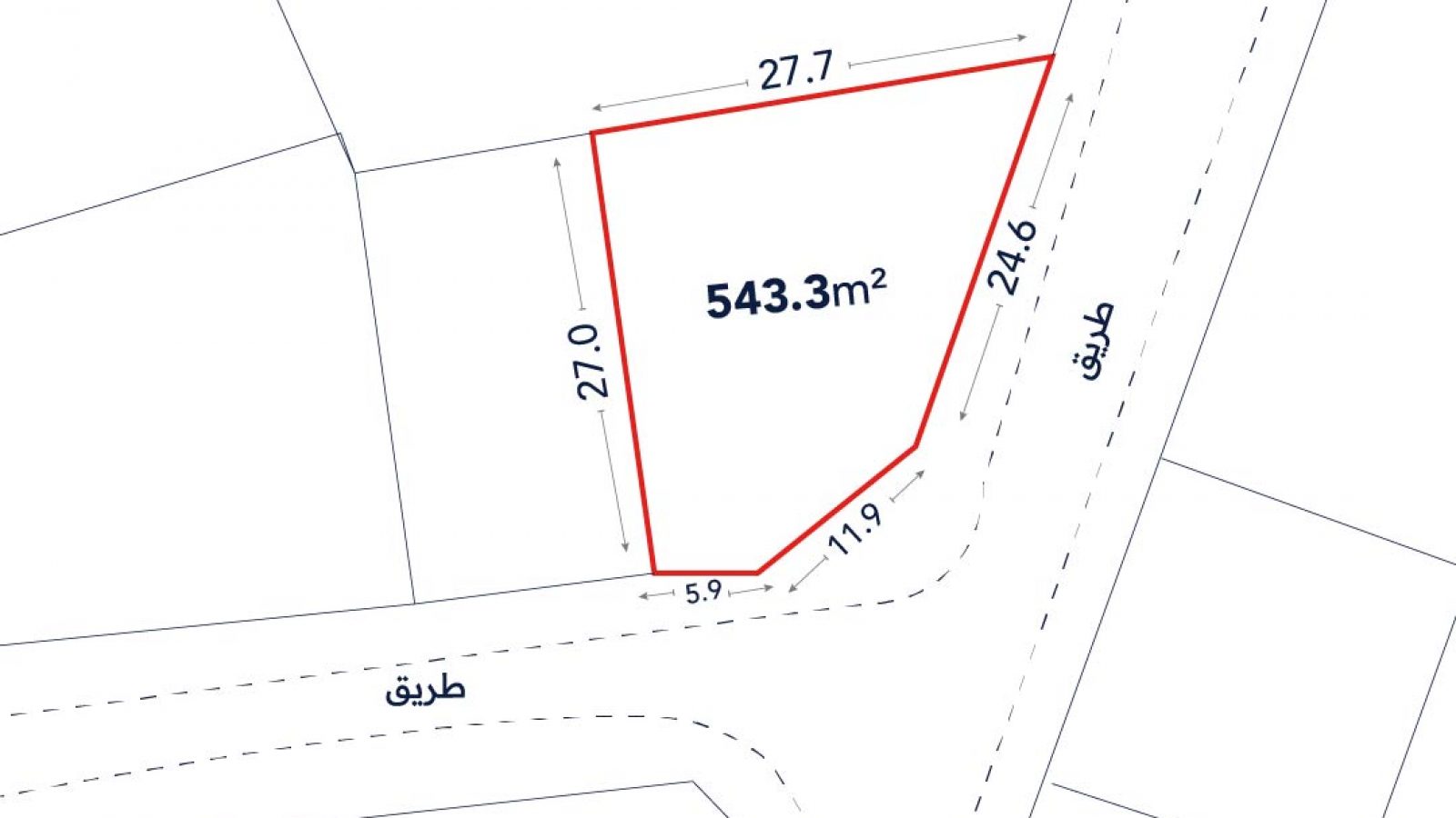 A plot map shows a 543.3 square meter land parcel outlined in red, with labeled side lengths and bordering roads on two sides.