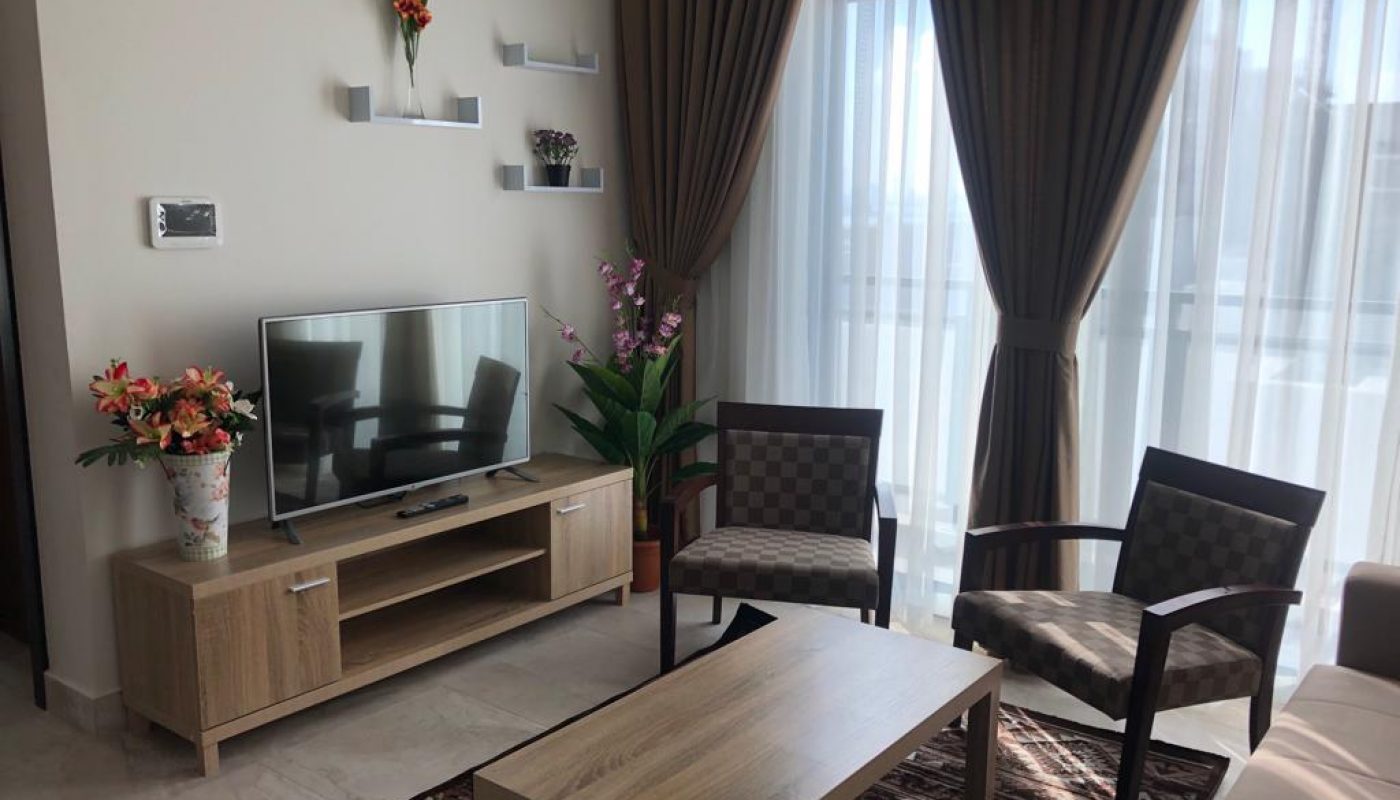 A modern living room with a TV on a wooden stand, two chairs, a coffee table, potted plants, and large windows with sheer curtains letting in natural light.