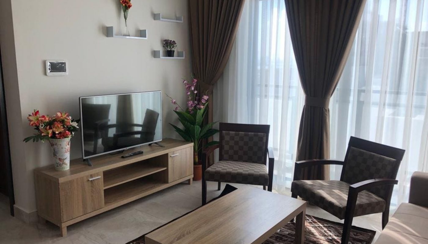 A modern living room with a TV on a wooden stand, two chairs, a coffee table, potted plants, and large windows with sheer curtains letting in natural light.