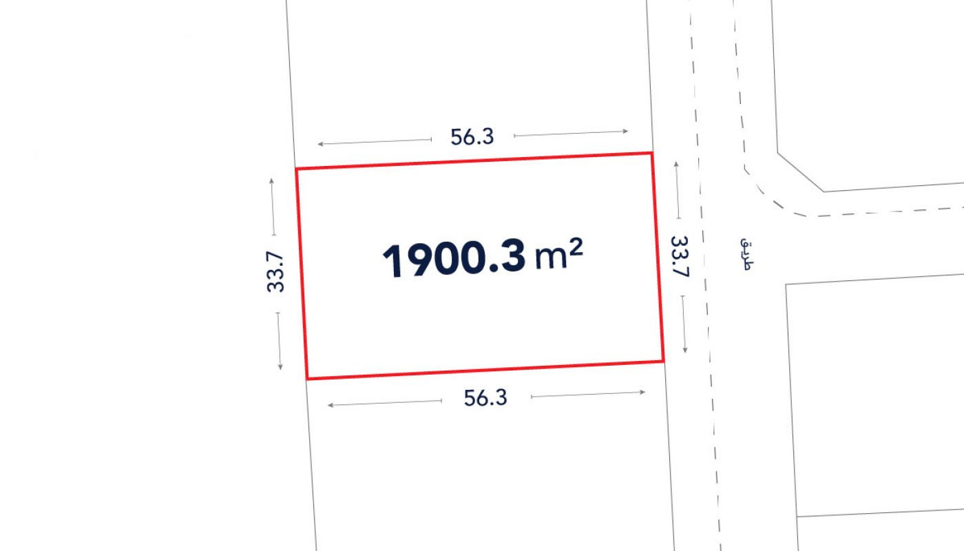 A rectangular plot outlined in red measures 1900.3 square meters, with sides labeled 56.3m and 33.7m, adjacent to a street on one side.