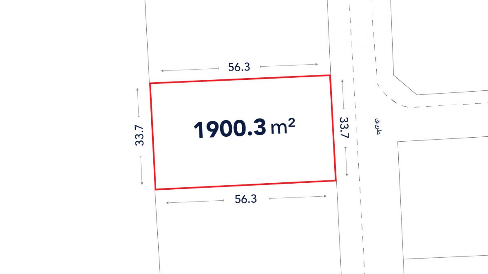 A rectangular plot outlined in red measures 1900.3 square meters, with sides labeled 56.3m and 33.7m, adjacent to a street on one side.