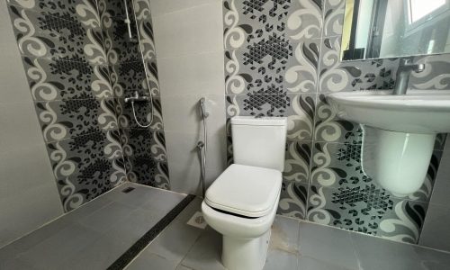 A modern bathroom in the Galali area apartment for rent, with a patterned tile wall, featuring a toilet, sink, and shower area.