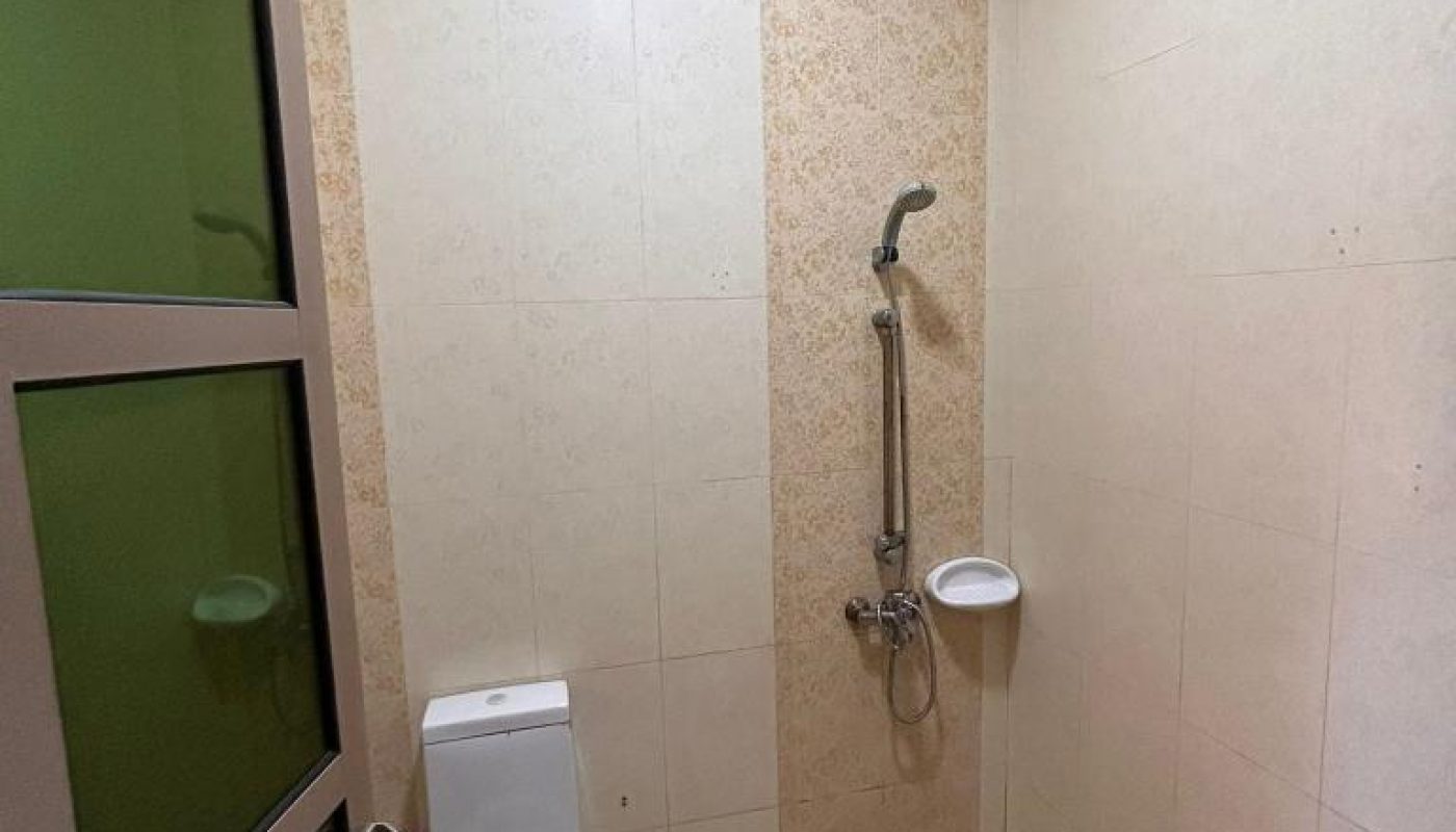 A small bathroom with a toilet, a showerhead mounted on the wall, a soap dish, tiled walls, and a partial view of a green glass door.
