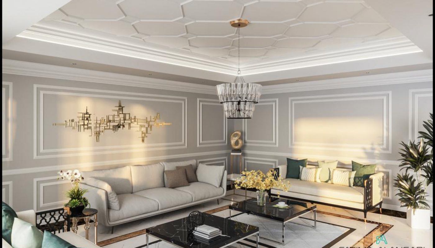 Modern living room with two sofas, a glass coffee table, elegant wall decor, geometric ceiling design, plants, and warm, natural lighting.