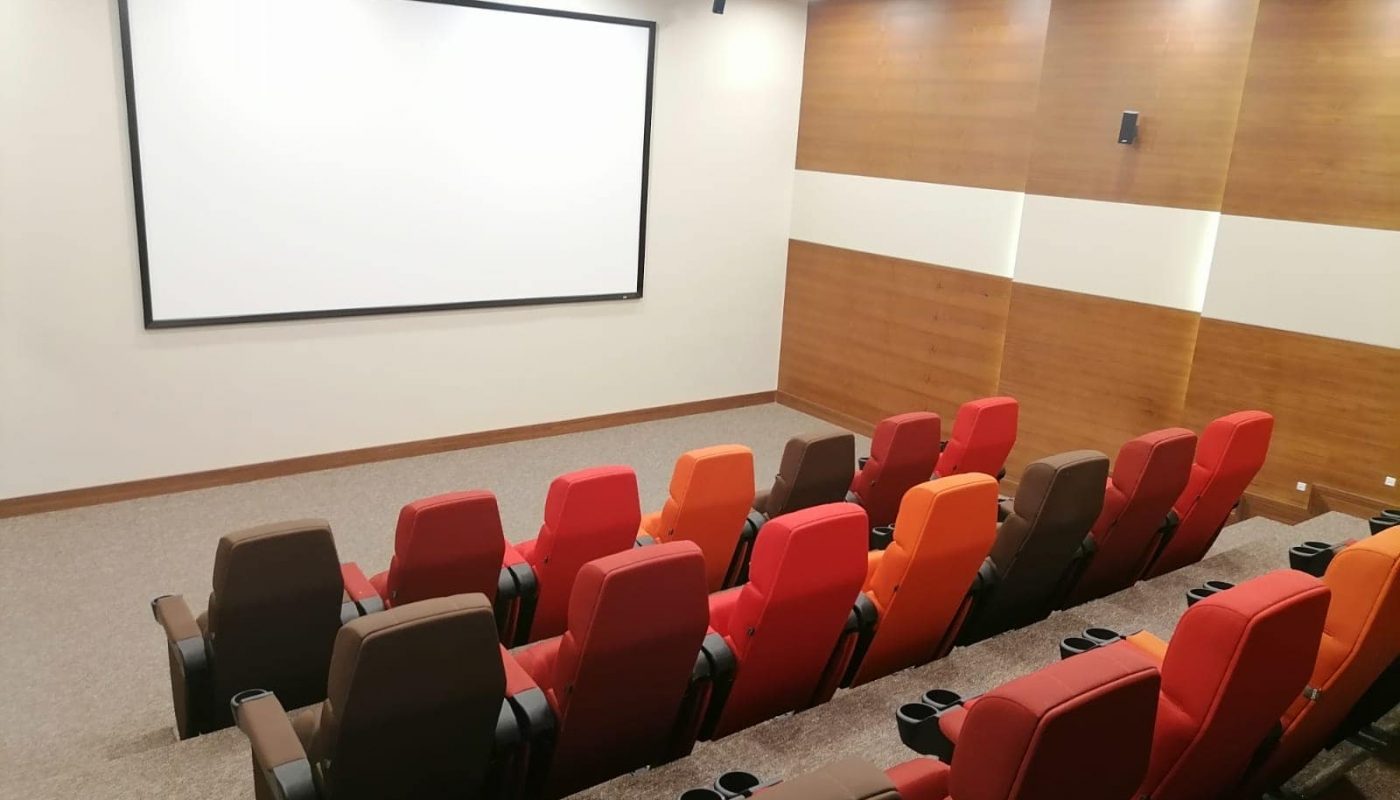 Small theater room with tiered seating in various colors facing a large white screen on a wooden-paneled wall. Ceiling lights are on, and a projector is visible above the seats.
