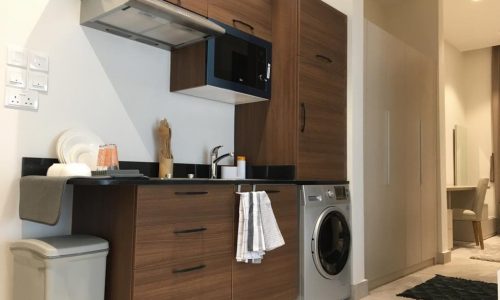 A luxurious apartment with a small kitchen equipped with a washer and dryer.