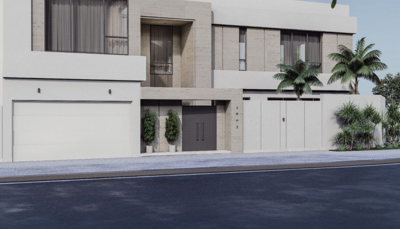 Modern two-story house with large windows, flat roof, white and beige exterior, two-car garage, and palm trees in the front yard.