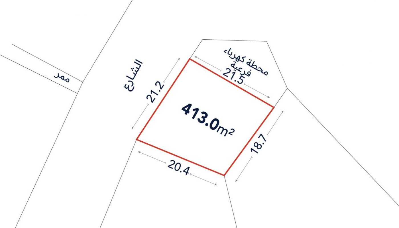 A land plot diagram with a labeled area of 413.0 m², showing side lengths of 21.2 m, 20.4 m, 18.7 m, and 21.5 m, along with nearby street and station labels in Arabic.