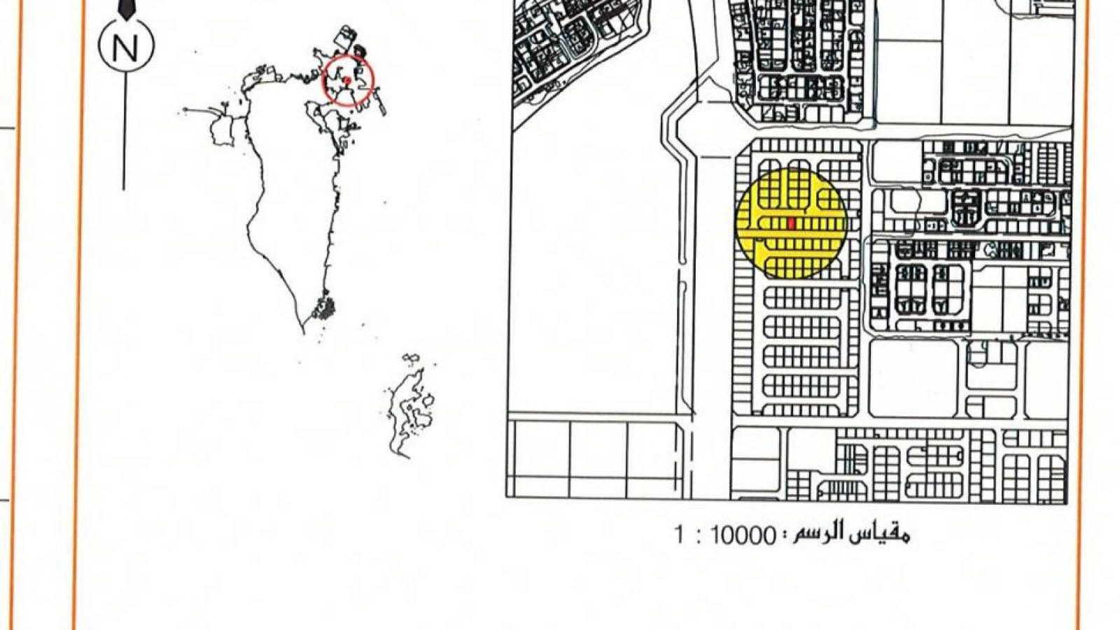 Map showing a detailed layout of a neighborhood with highlighted area. Includes coordinates, plot number, and scale.