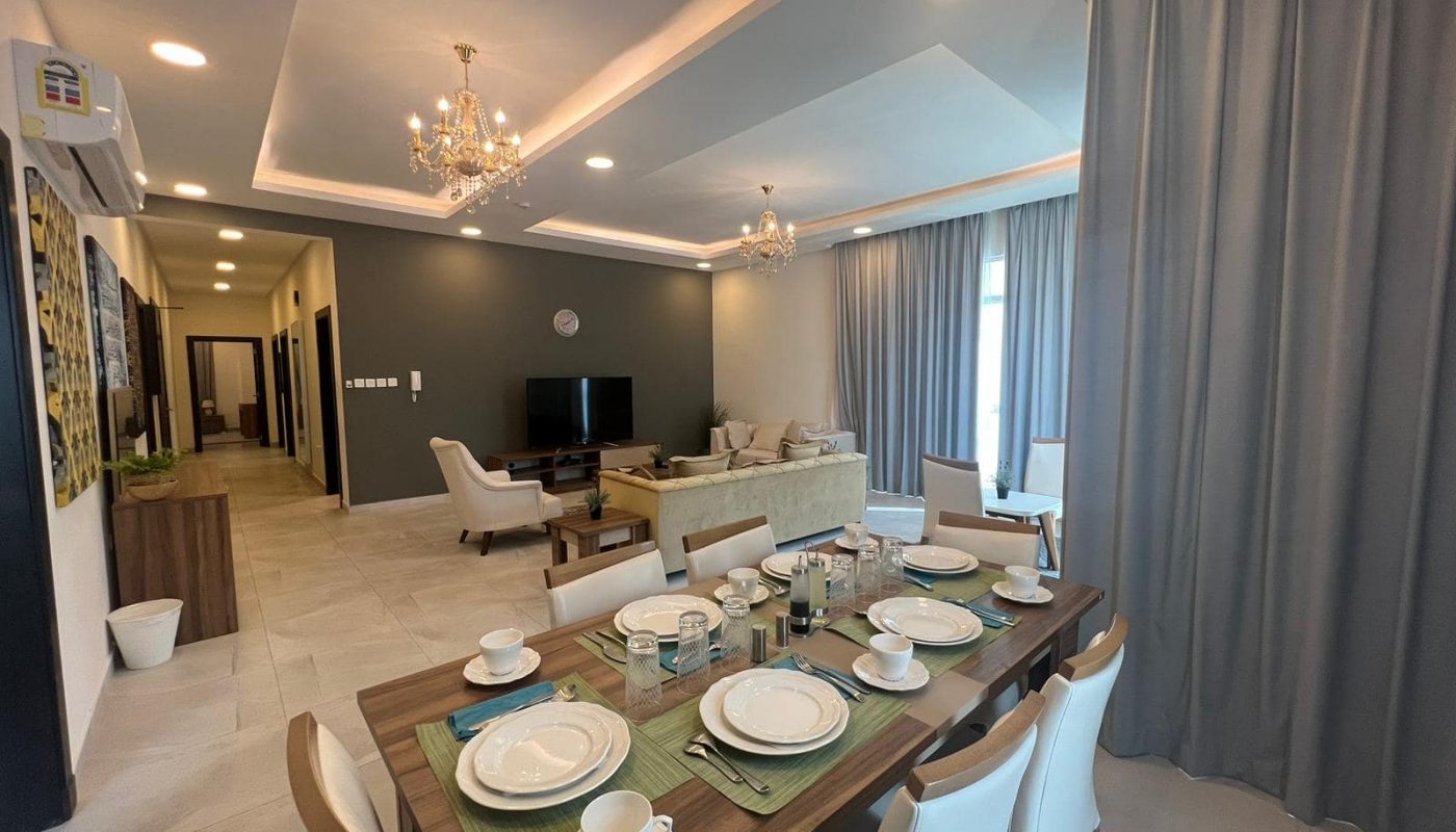 Modern living room with dining table.