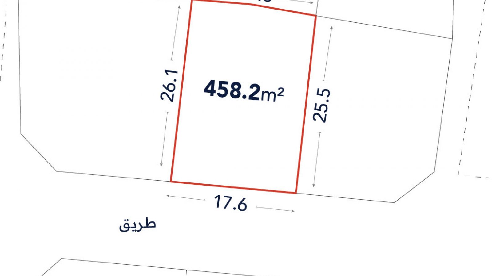 A rectangular plot outlined in red, labeled 458.2 m², with side lengths 17.6m, 26.1m, 17.6m, and 25.5m, adjacent to a street labeled "طريق".