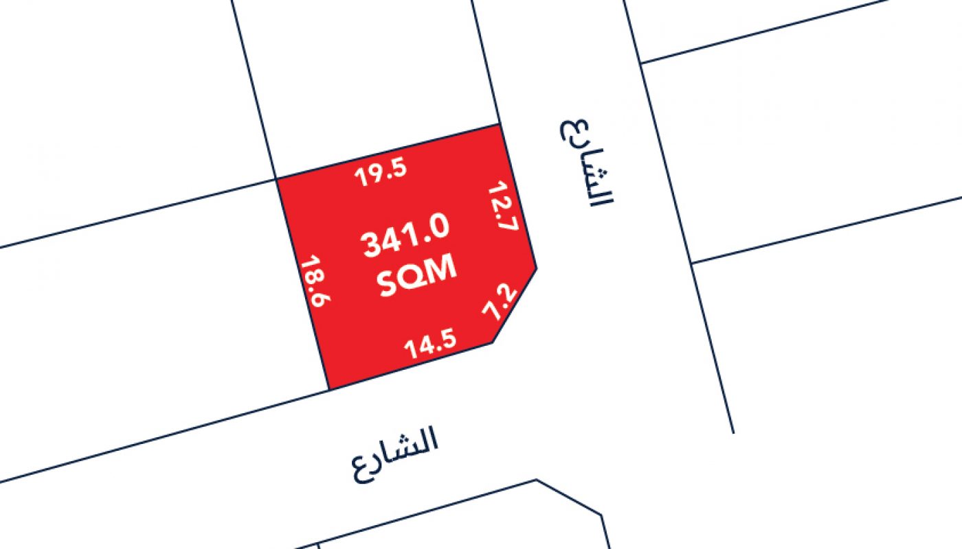 A diagram of a 341 square meter plot outlined in red at the intersection of two streets, with side lengths labeled in meters.