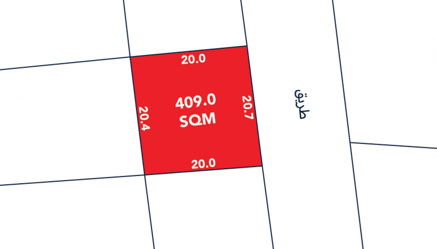 A red square plot labeled "409.0 SQM" with side lengths 20.0, 20.4, 20.0, and 20.7; adjacent to a street labeled in Arabic.