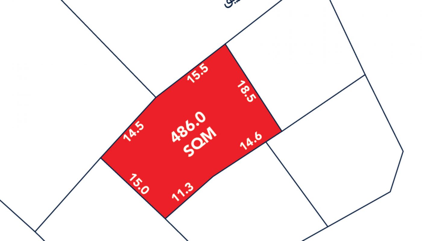 A plot map showing a red-highlighted land parcel labeled "486.0 SQM" with boundary lengths marked in meters and an adjacent road labeled in Arabic.