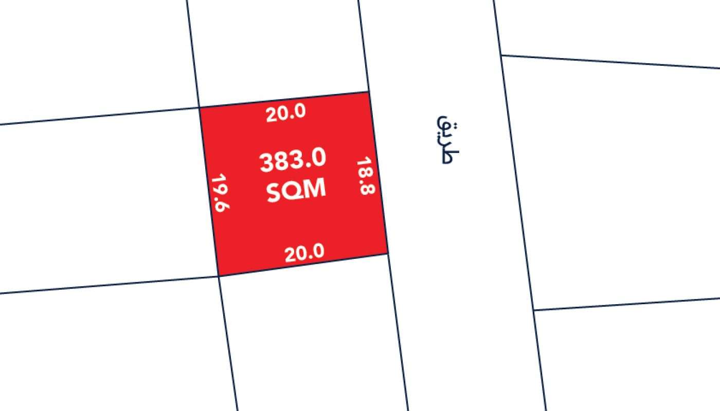 A red square plot labeled 383.0 SQM with side lengths 20.0, 18.8, 20.0, and 19.6, positioned next to a road labeled "طريق" (Arabic for "road").