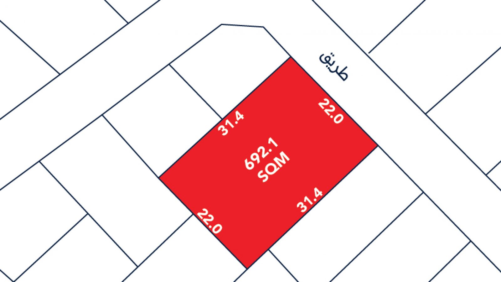 A map shows a red rectangular plot labeled "692.1 SQM" with side lengths of 31.4 and 22.0 meters, surrounded by streets and adjacent plots.