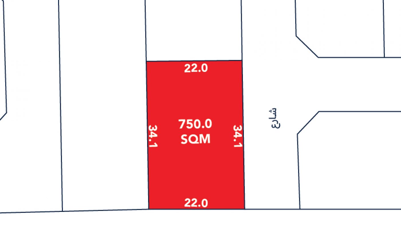 A rectangular plot highlighted in red labeled 750.0 SQM, with dimensions 22.0 by 34.1 meters, situated between roads and adjacent lots.