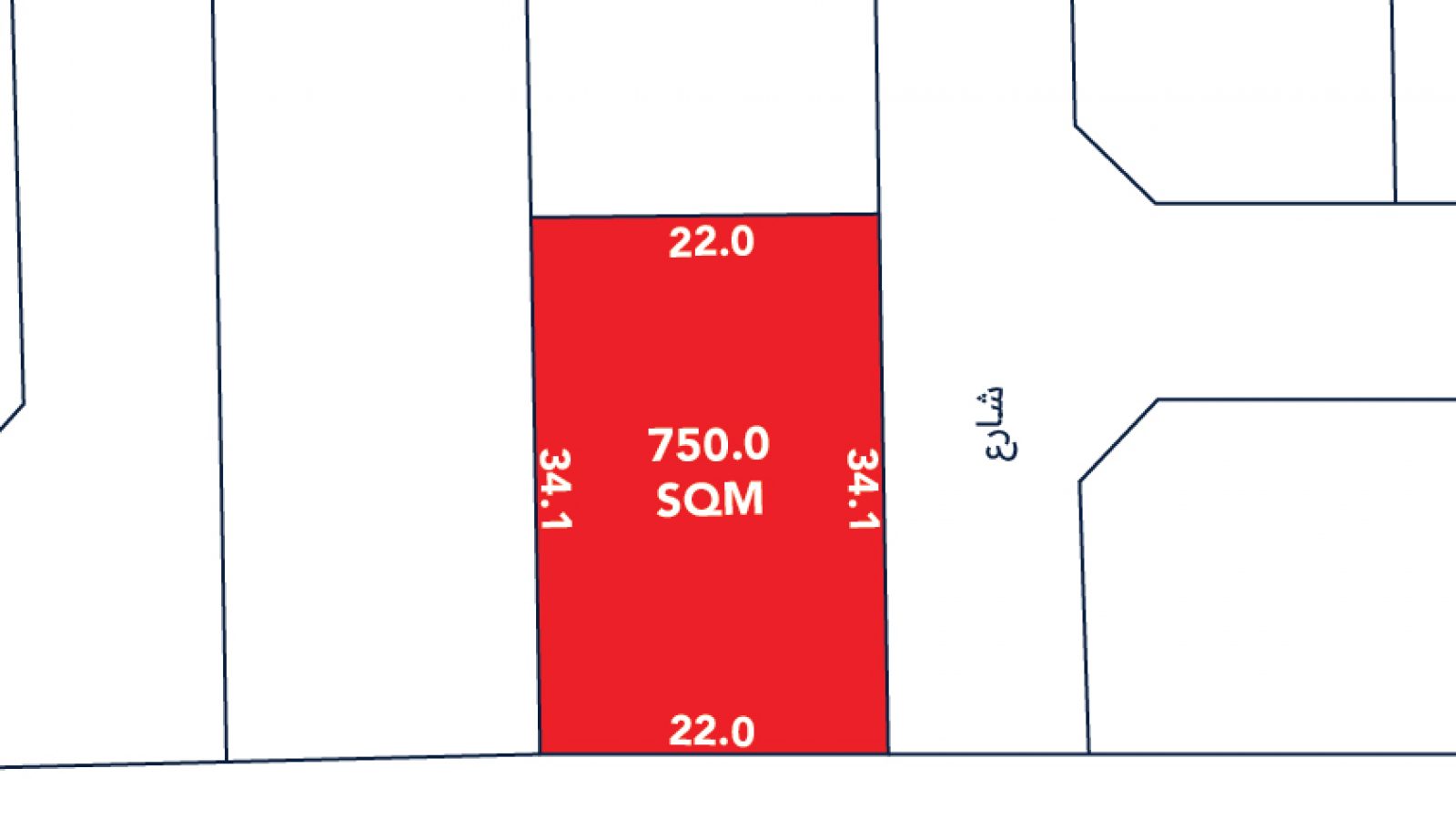 A rectangular plot highlighted in red labeled 750.0 SQM, with dimensions 22.0 by 34.1 meters, situated between roads and adjacent lots.