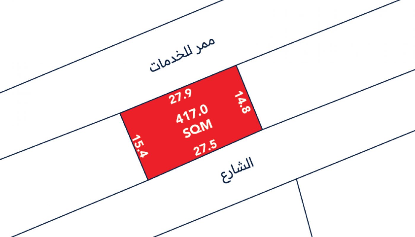 A rectangular plot labeled 417.0 SQM with side lengths 27.9, 14.8, 27.5, and 15.4 meters, bordered by a street and a service corridor.