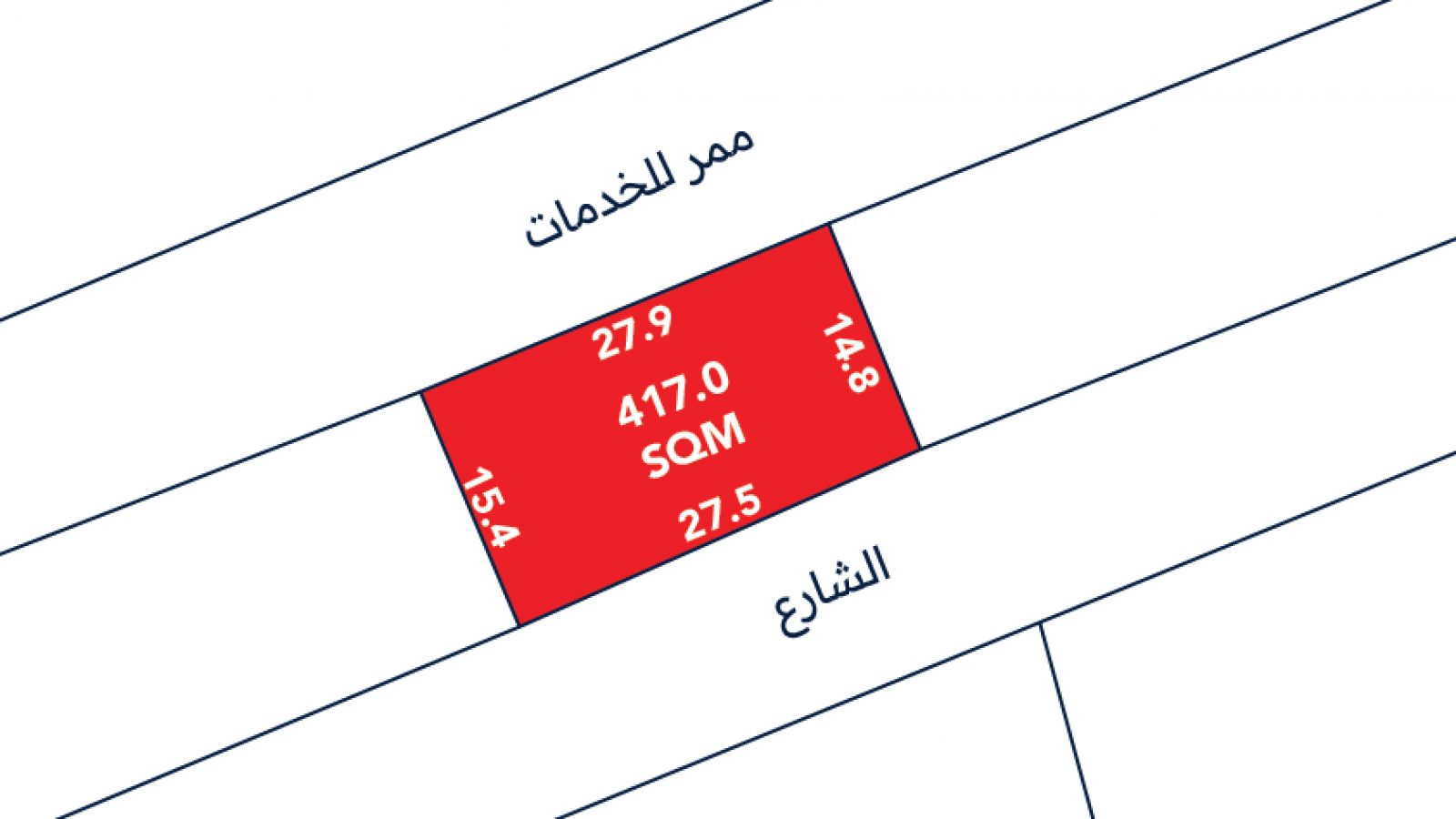 A rectangular plot labeled 417.0 SQM with side lengths 27.9, 14.8, 27.5, and 15.4 meters, bordered by a street and a service corridor.