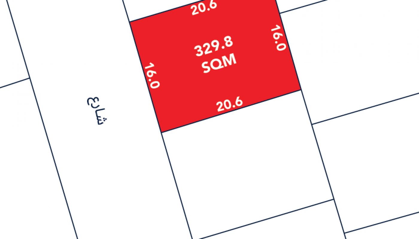 A rectangular plot marked in red labeled "329.8 SQM" with dimensions 20.6 by 16.0 meters, surrounded by other plots and a street on the left.