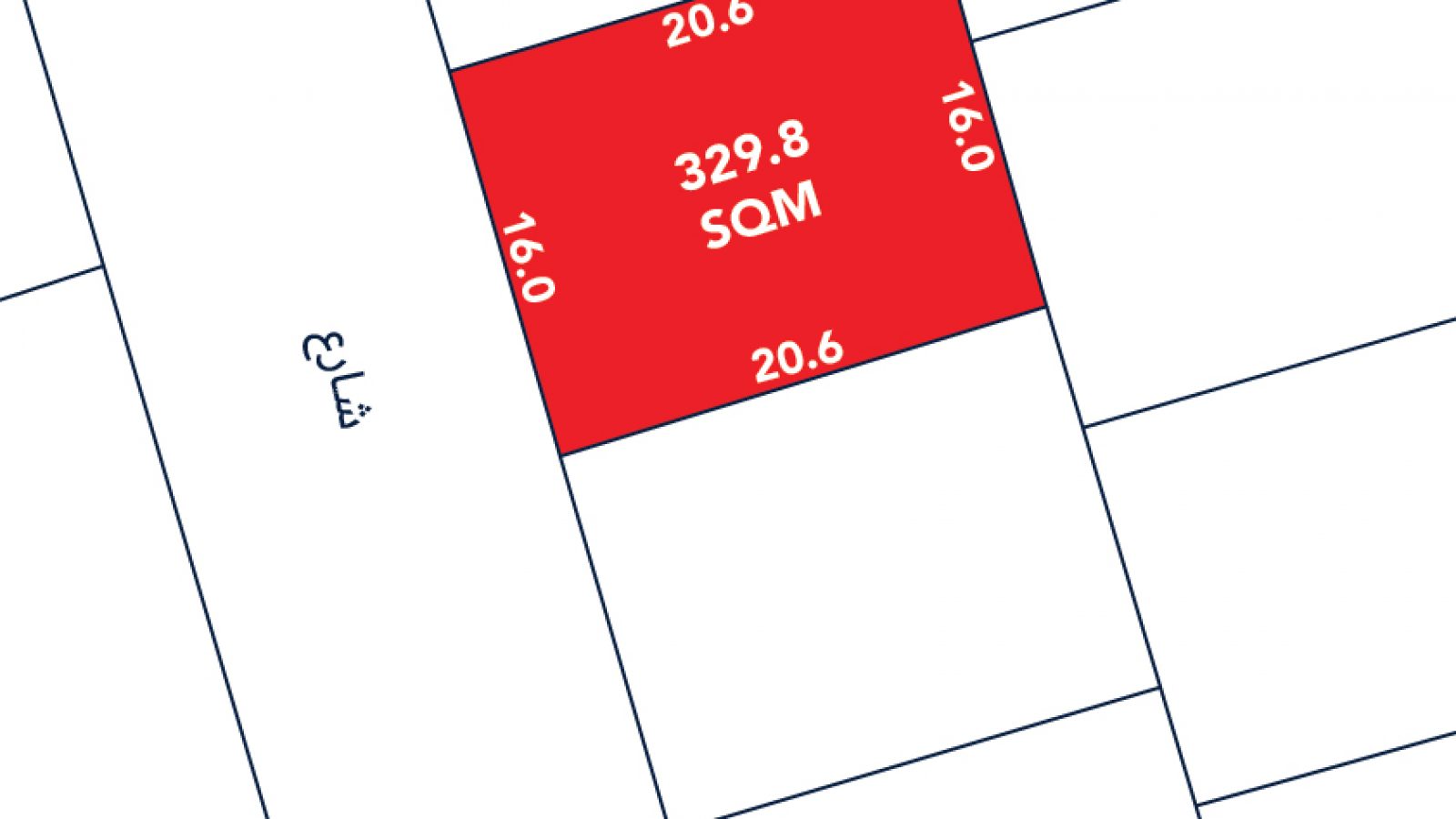 A rectangular plot marked in red labeled "329.8 SQM" with dimensions 20.6 by 16.0 meters, surrounded by other plots and a street on the left.