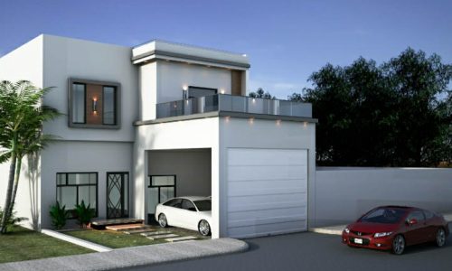 A 3d rendering of a modern house with a car parked in front in Diyar Al Muharraq.