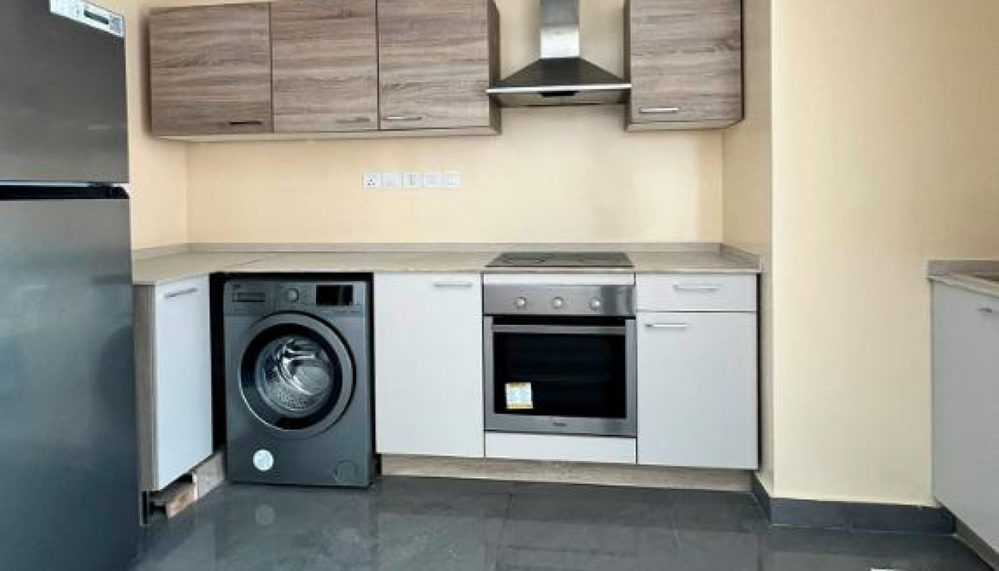 Modern kitchen with grey cabinets, washing machine, oven, stovetop, range hood, and refrigerator; light walls and tiled flooring.