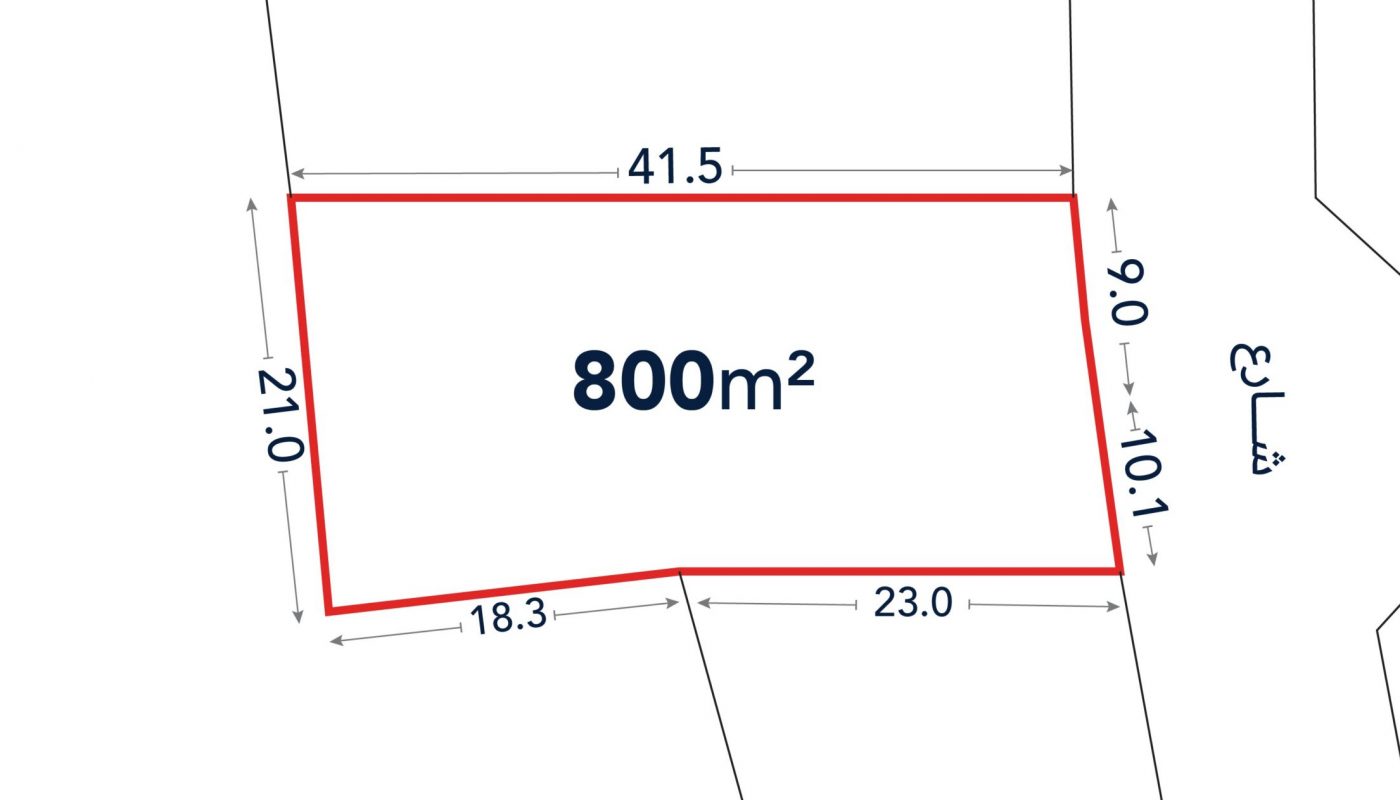 A rectangular plot outlined in red, labeled 800m², with side lengths: 41.5m, 21.0m, 18.3m, 23.0m, 10.1m, and 9.0m marked around the perimeter.