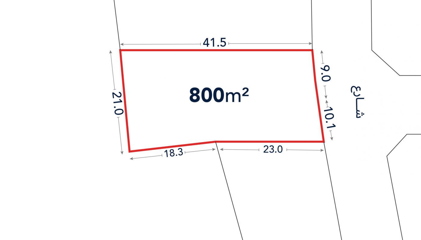 Diagram of an 800 square meter plot with labeled side lengths: 41.5m, 21.0m, 18.3m, 23.0m, and 9.7m. The plot has an irregular shape.