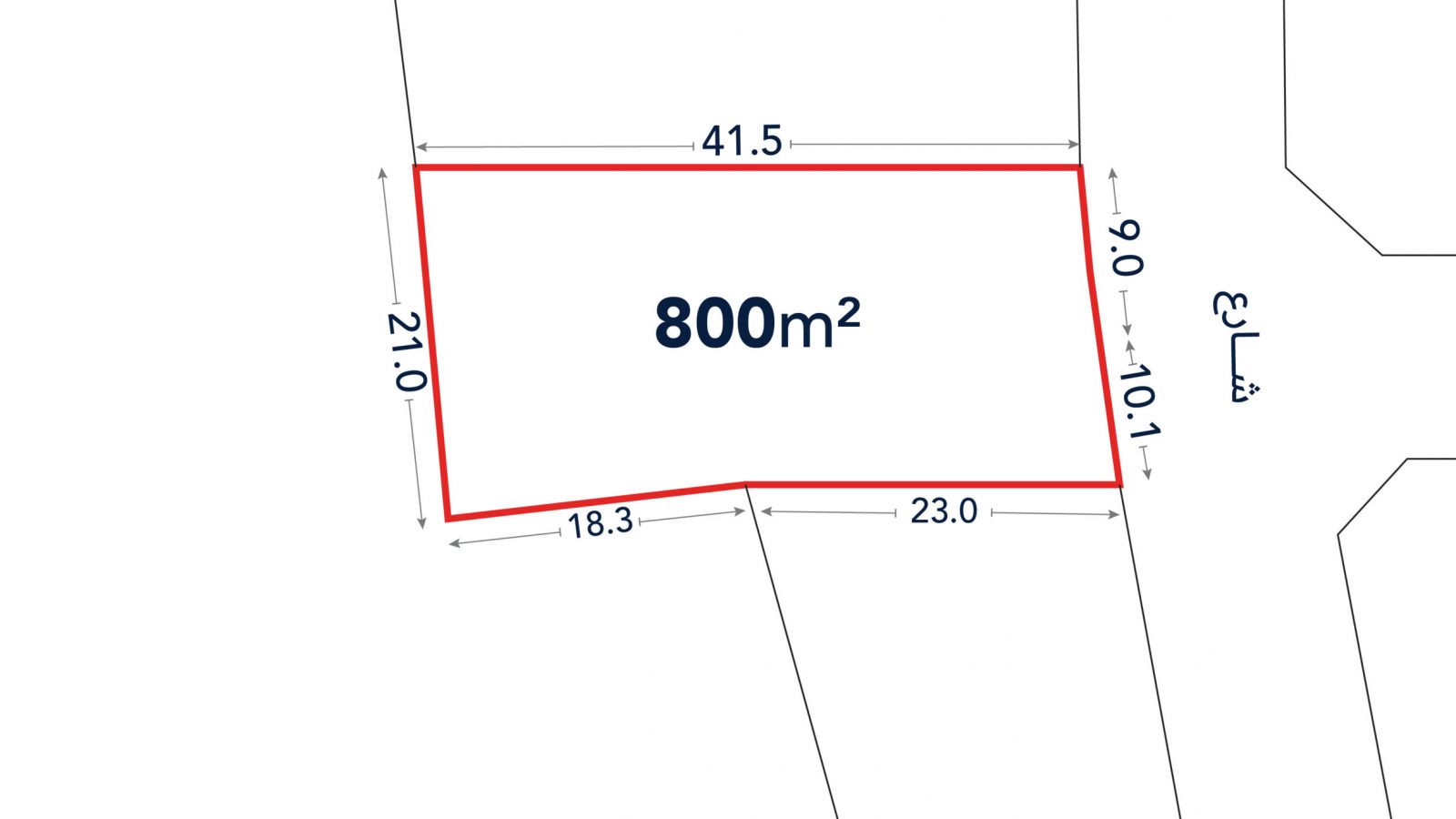 Diagram of an 800 square meter plot with labeled side lengths: 41.5m, 21.0m, 18.3m, 23.0m, and 9.7m. The plot has an irregular shape.