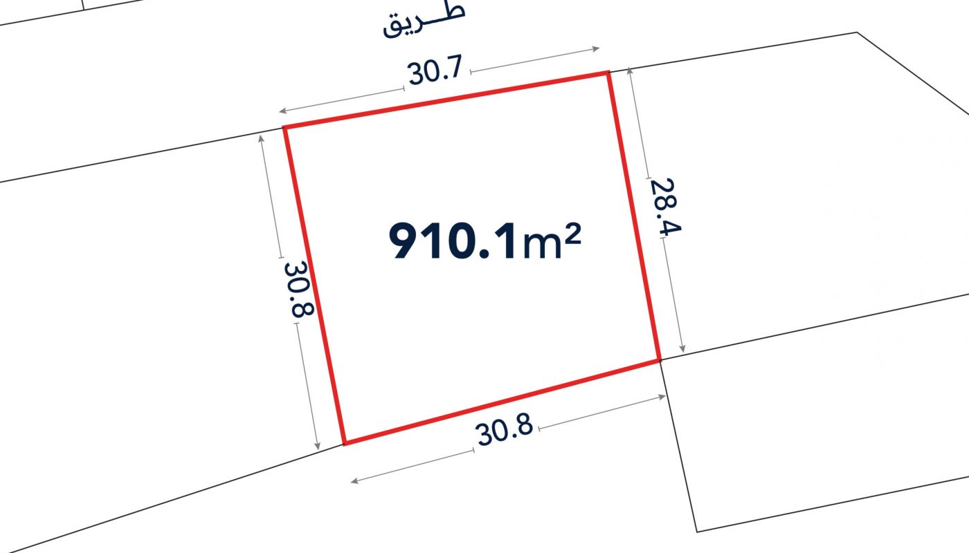 A plot of land outlined in red, labeled 910.1 m², with side lengths 30.8m, 30.7m, 30.8m, and 28.4m; a road is labeled at the top in Arabic.