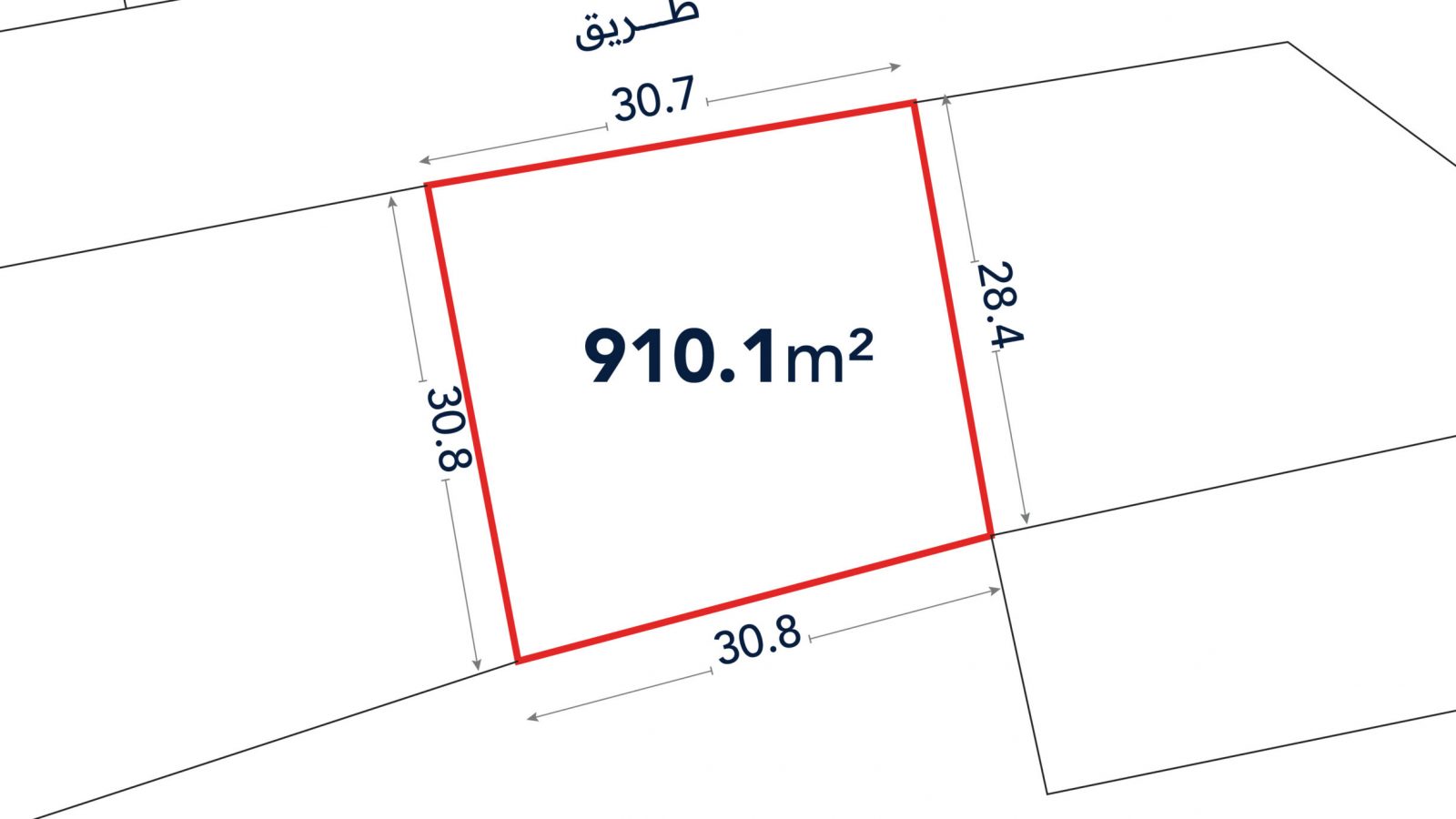 A plot of land outlined in red, labeled 910.1 m², with side lengths 30.8m, 30.7m, 30.8m, and 28.4m; a road is labeled at the top in Arabic.