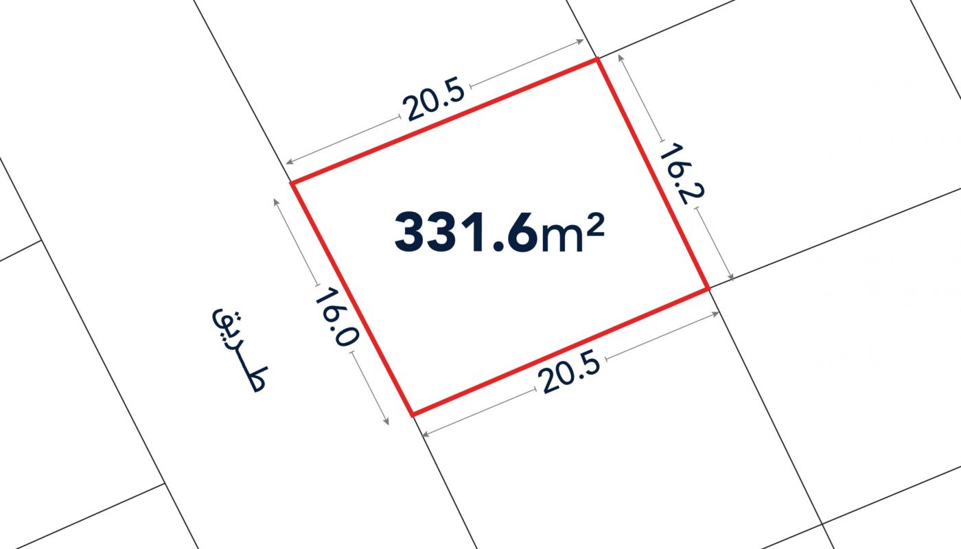 A rectangular plot of land outlined in red, labeled 331.6 m², with side lengths marked as 20.5 m, 16.2 m, and 16.0 m, and adjacent to a street.