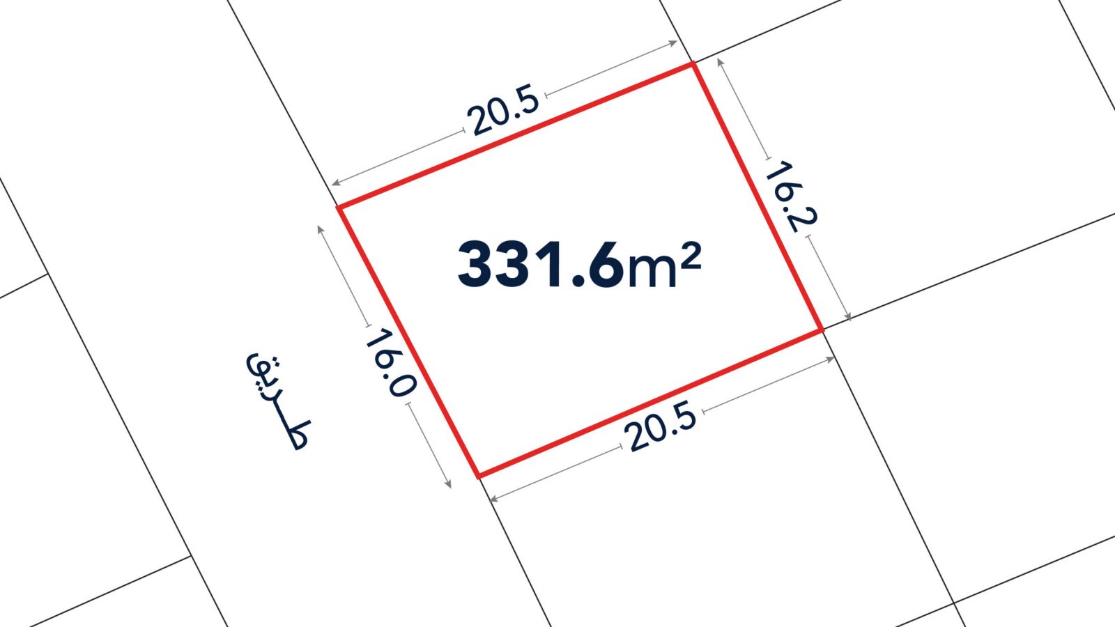 A rectangular plot of land outlined in red, labeled 331.6 m², with side lengths marked as 20.5 m, 16.2 m, and 16.0 m, and adjacent to a street.
