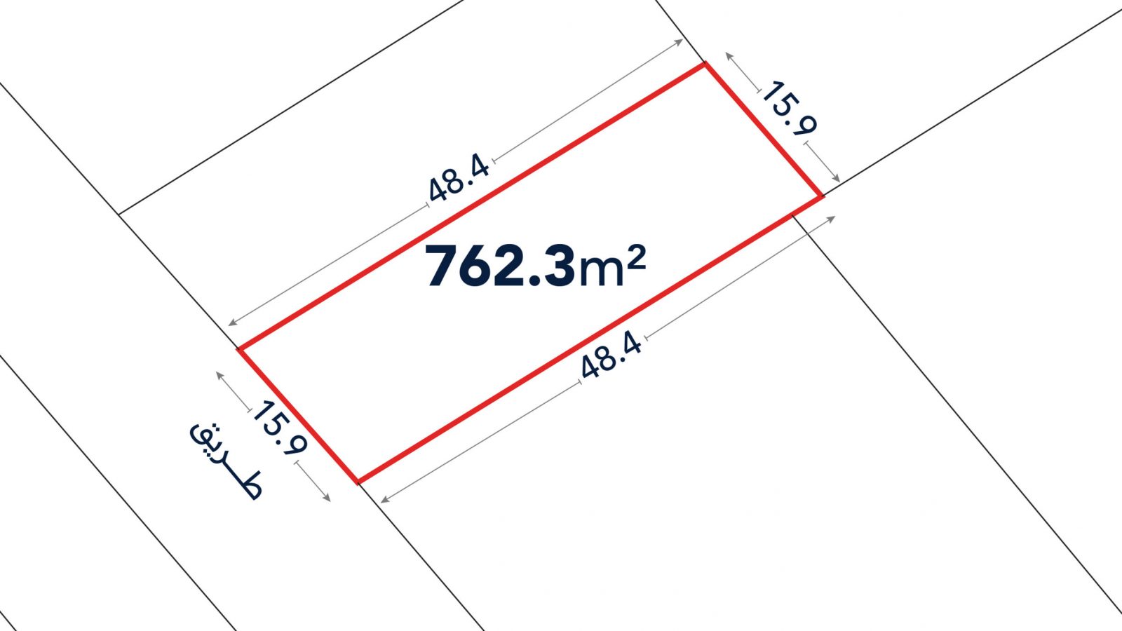 Rectangular plot outlined in red with dimensions 48.4m by 15.9m and an area of 762.3 square meters, with adjacent labeled streets.