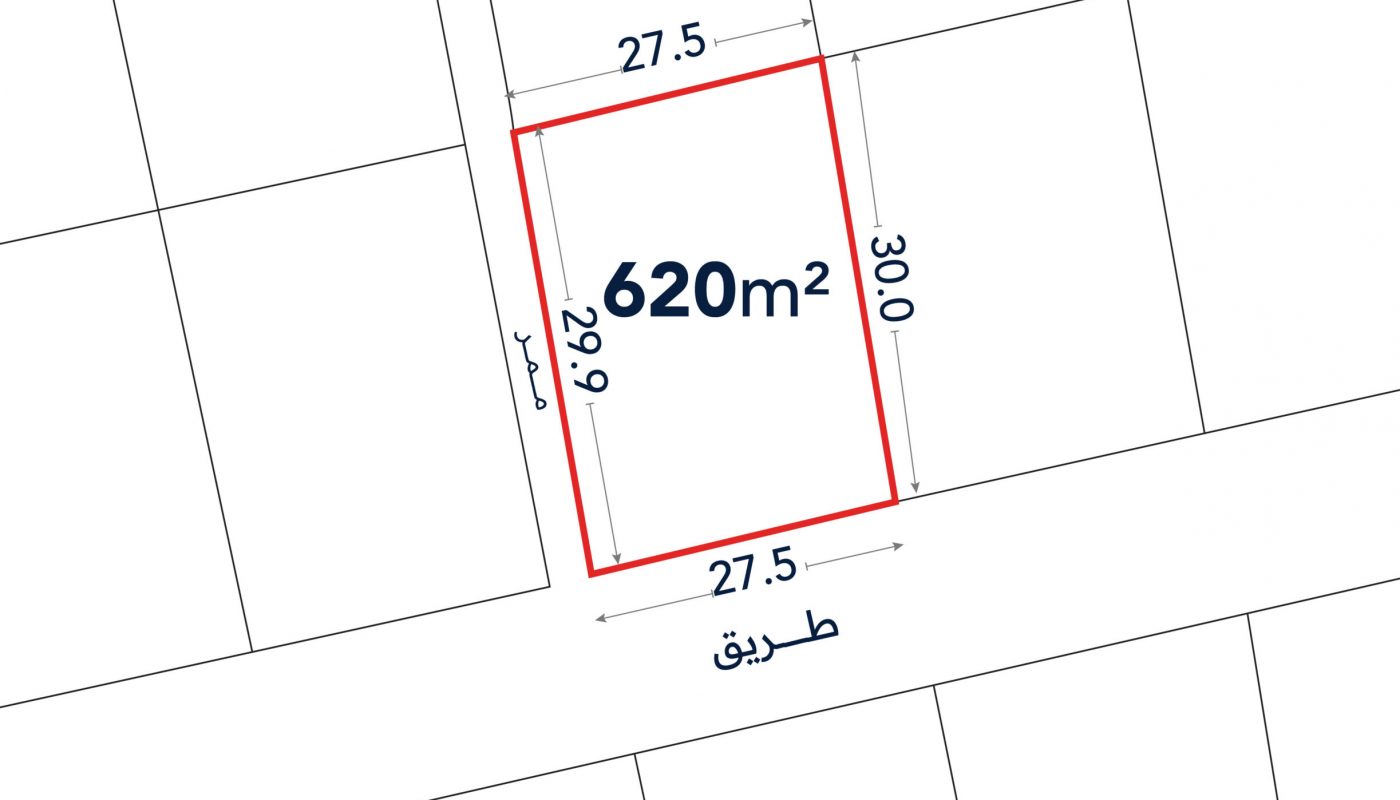 A rectangular land plot outlined in red, labeled 620m², with side lengths of 27.5m, 29.9m, and 30.0m; one side borders a street labeled “طريق”.