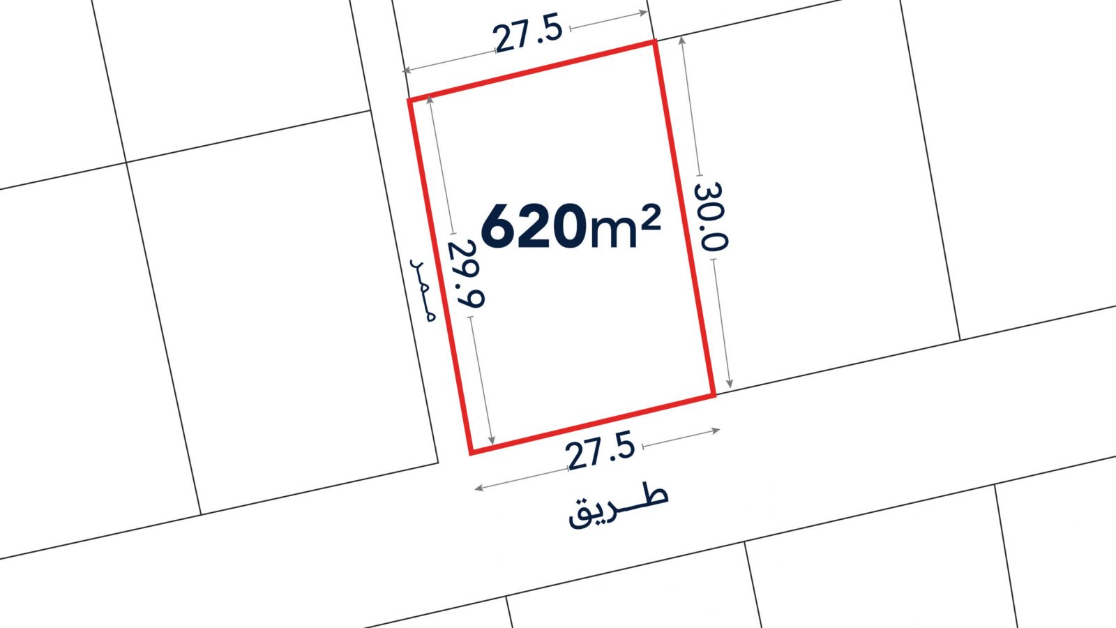 A rectangular land plot outlined in red, labeled 620m², with side lengths of 27.5m, 29.9m, and 30.0m; one side borders a street labeled “طريق”.