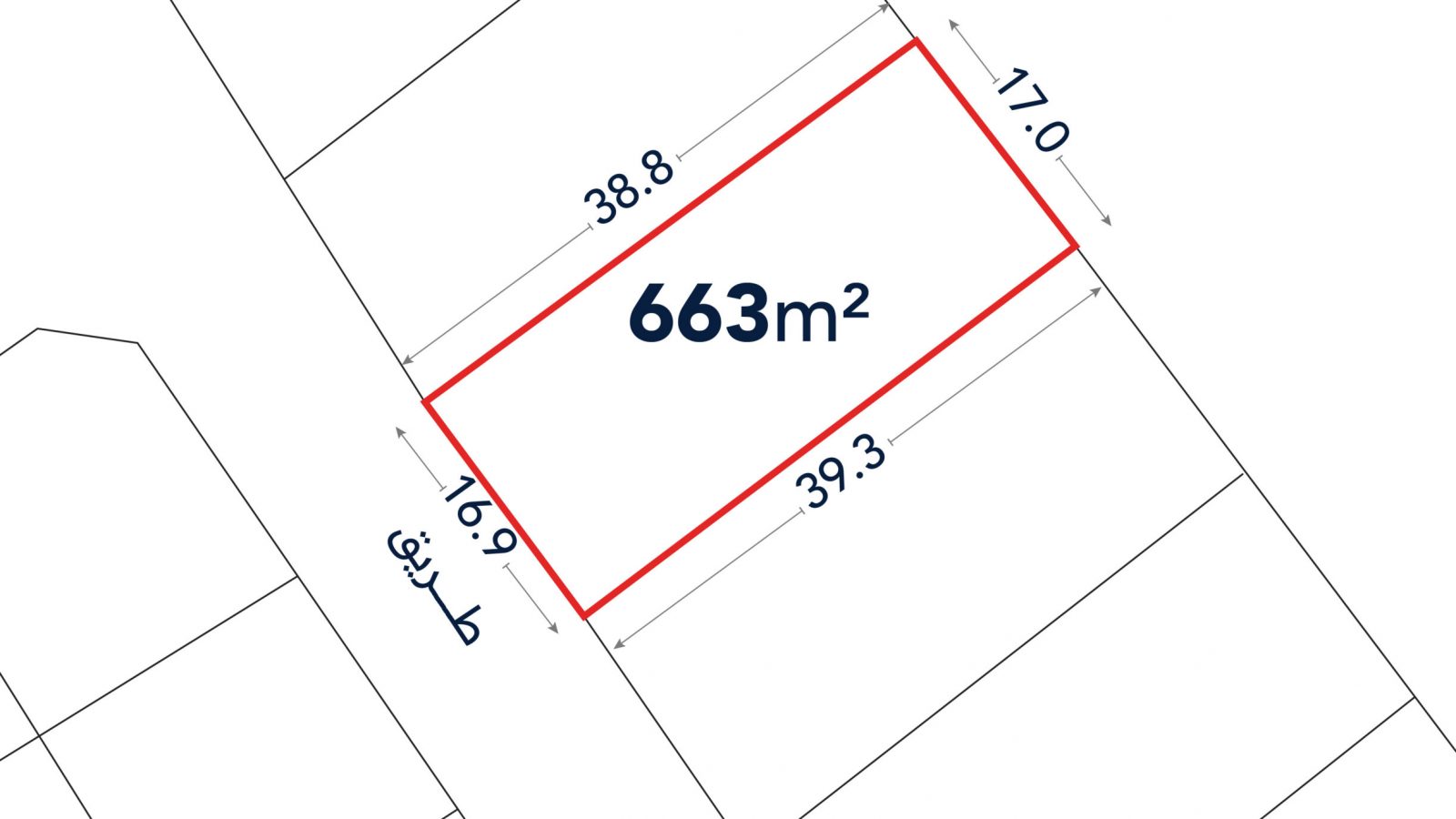 A rectangular 663 square meter plot is outlined in red. Dimensions listed are 38.8m, 17.0m, 39.3m, and 16.9m along each side.