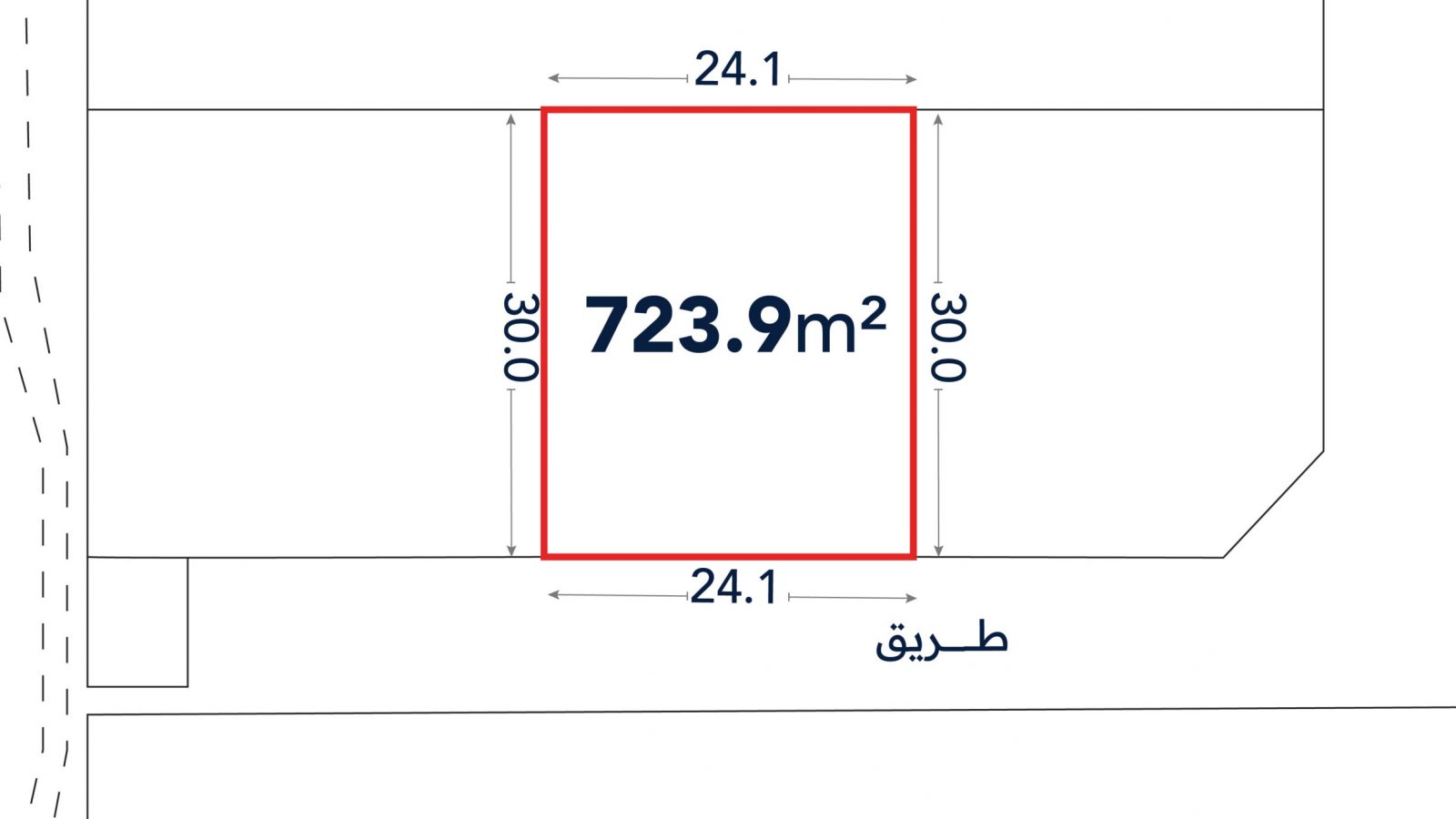 A rectangular plot outlined in red measures 24.1m by 30.0m with a total area of 723.9 square meters, adjacent to a road.