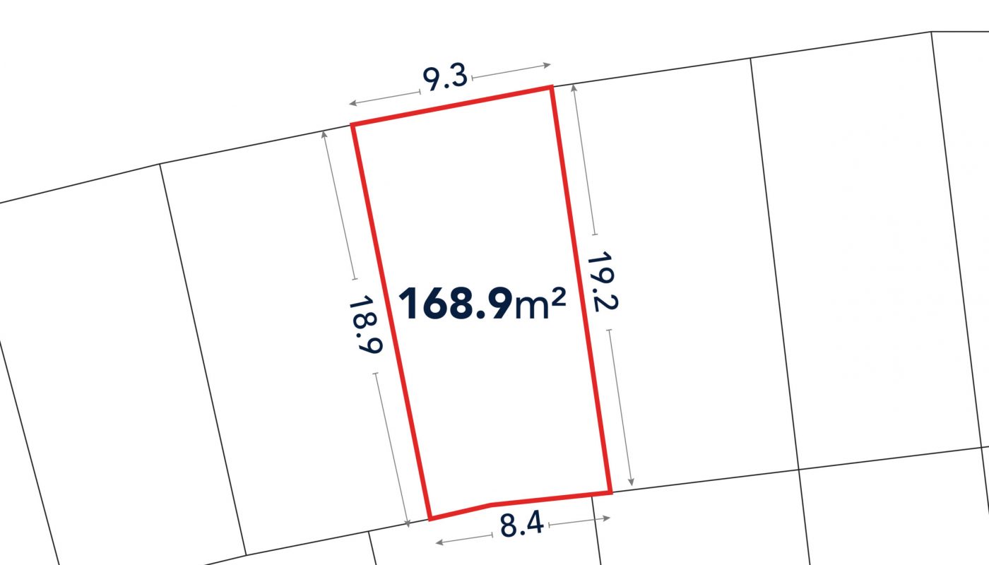 A rectangular land plot outlined in red, labeled 168.9 m², with dimensions 9.3 m, 8.4 m, 19.2 m, and 18.9 m, adjacent to a road labeled in Arabic.