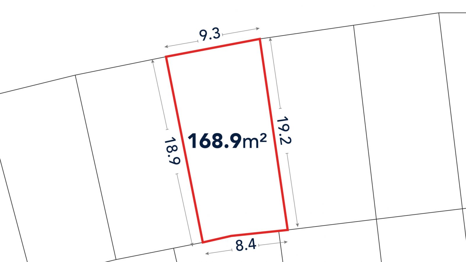 A rectangular land plot outlined in red, labeled 168.9 m², with dimensions 9.3 m, 8.4 m, 19.2 m, and 18.9 m, adjacent to a road labeled in Arabic.