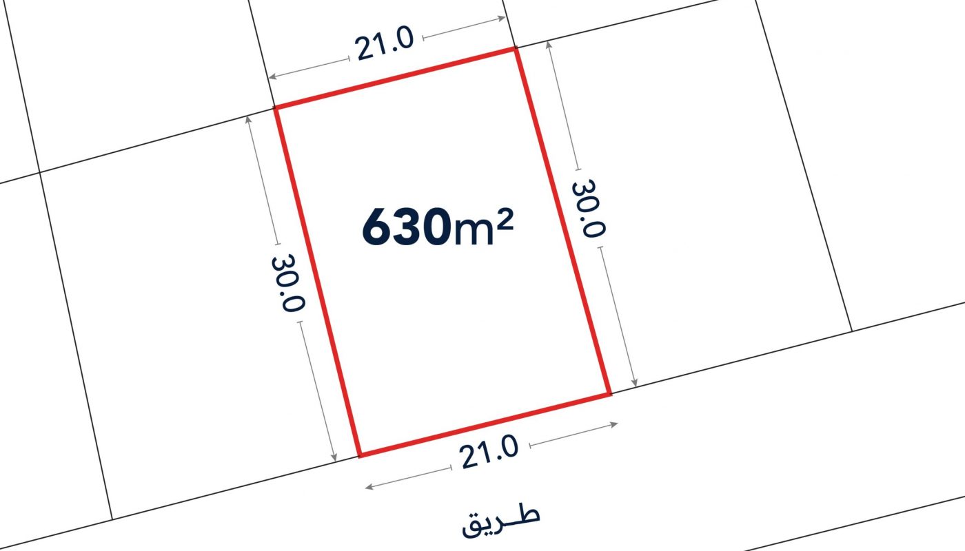 A rectangular plot of land labeled 630m², with sides measured at 21.0 meters and 30.0 meters, bordered in red, with adjacent street labeled in Arabic.