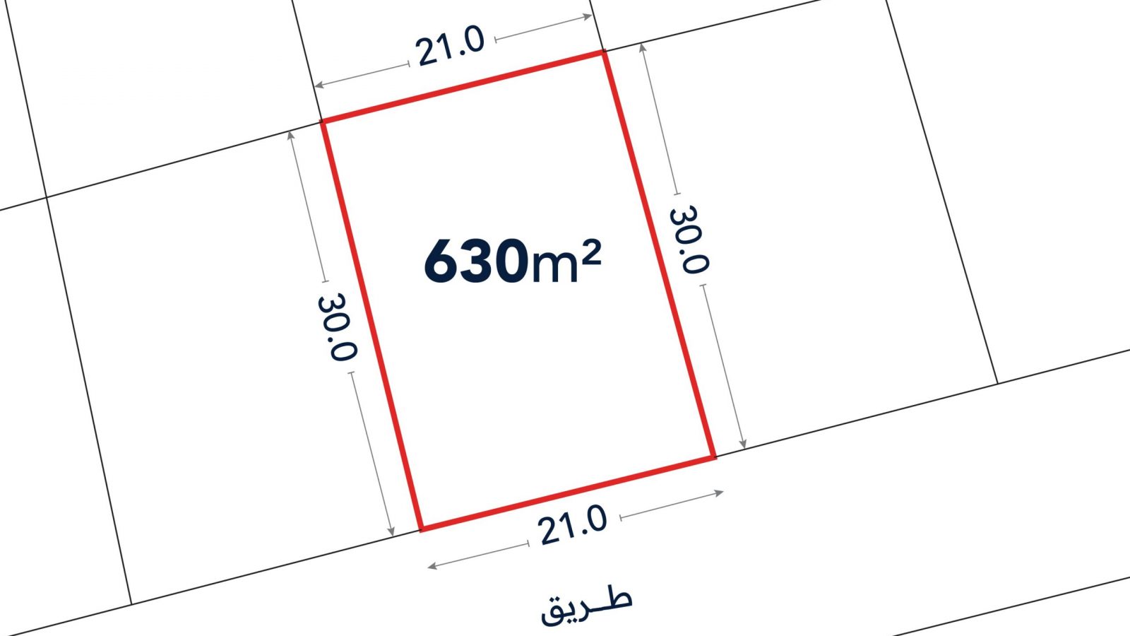 A rectangular plot of land labeled 630m², with sides measured at 21.0 meters and 30.0 meters, bordered in red, with adjacent street labeled in Arabic.