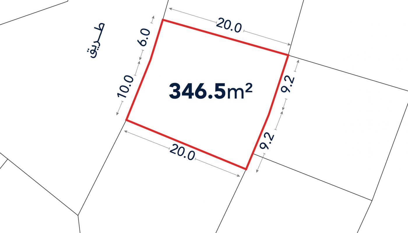 A plot of land outlined in red, labeled 346.5 m², with side lengths of 20.0m, 10.0m, 20.0m, and 9.2m. An adjacent road is marked in Arabic.